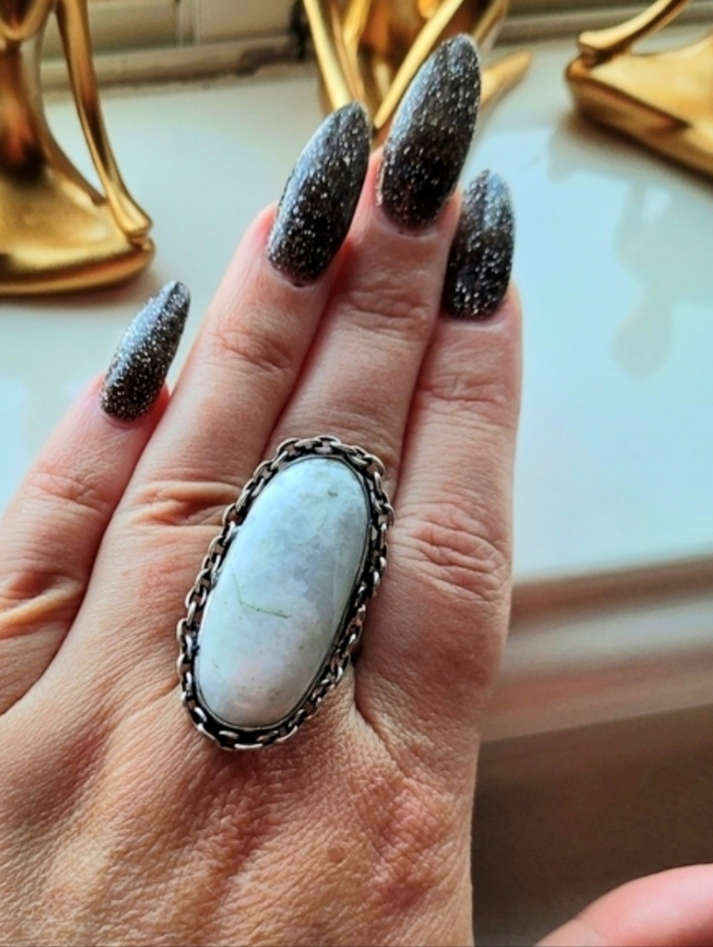 Artisan Milky White Agate Stone Silver Boho Ring Sz 8